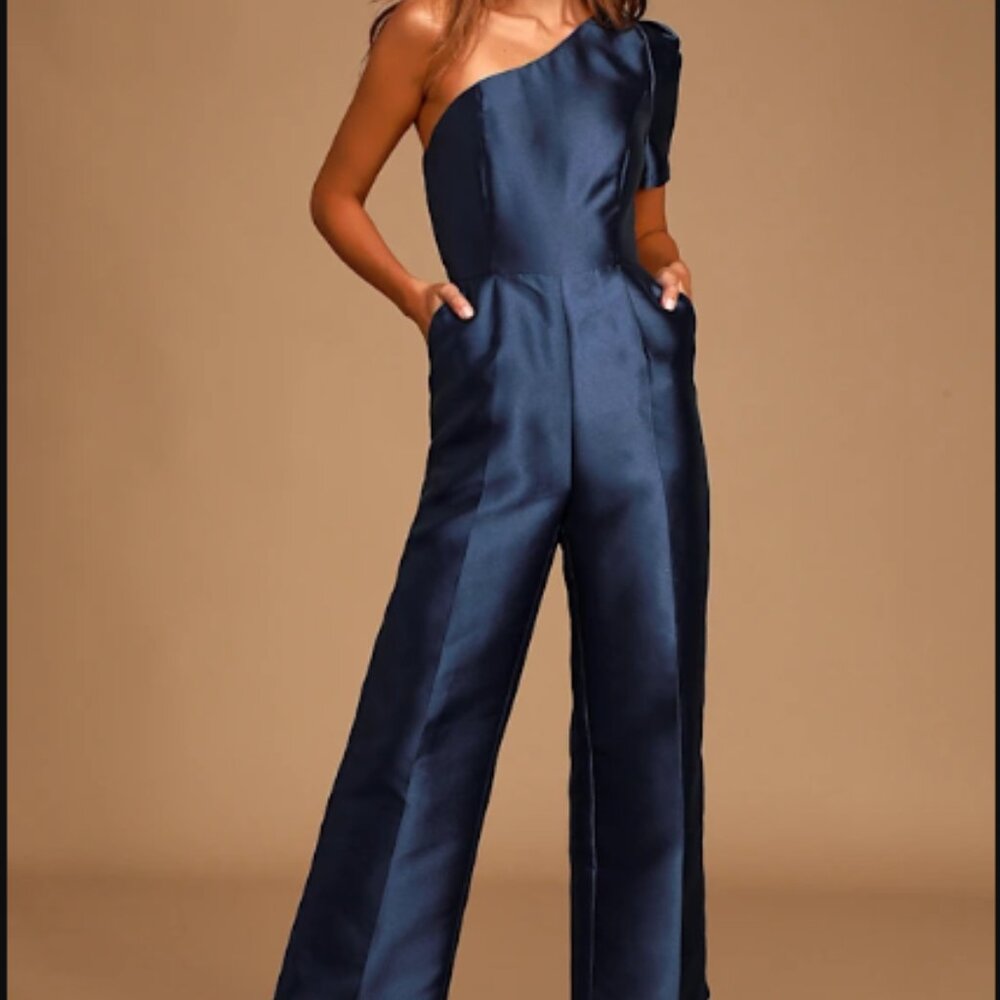 Lulus One-Shoulder Navy Blue Jumpsuit, size L